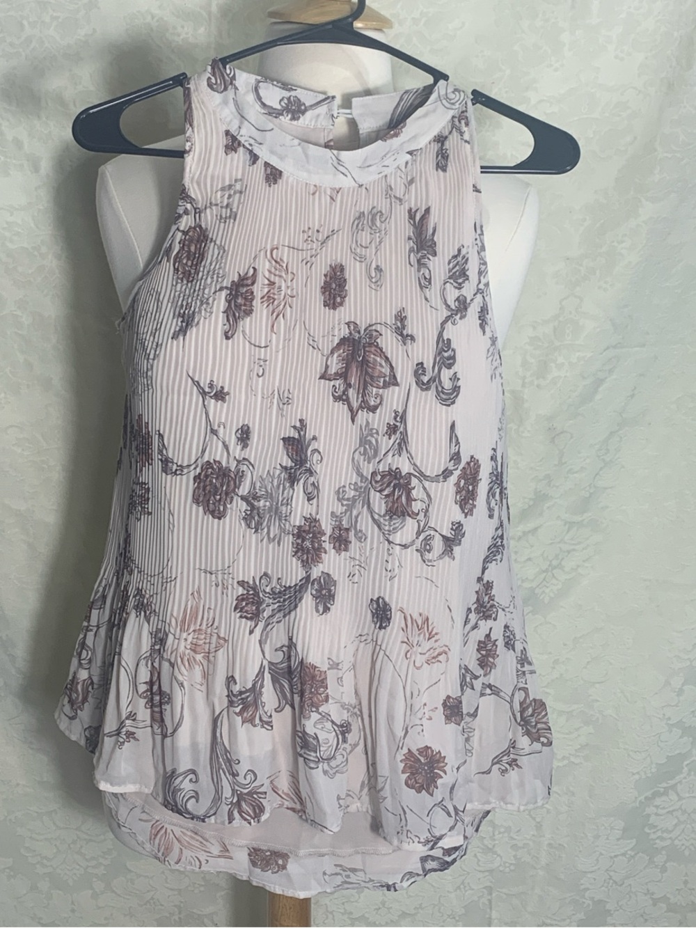 Pleated Floral High-Neck Camisole Top - Light Beige